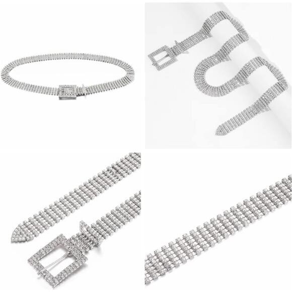 Women Rhinestone Belt Bling Crystal Shiny Waist Dress Belt Silver - Picture 7 of 8